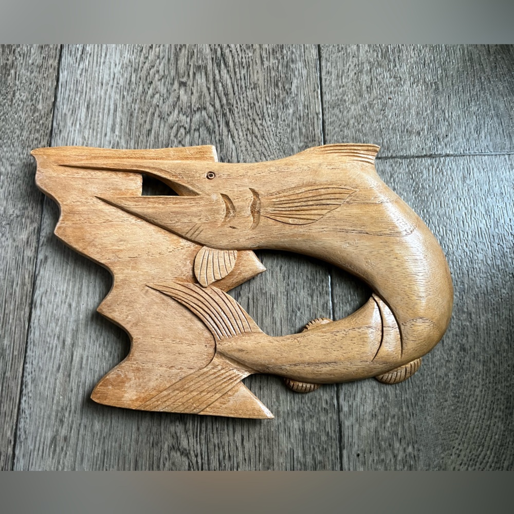 Handcrafted Wooden Swordfish Fish Wall Art measuring 10 1/2” wide by 7” tall.